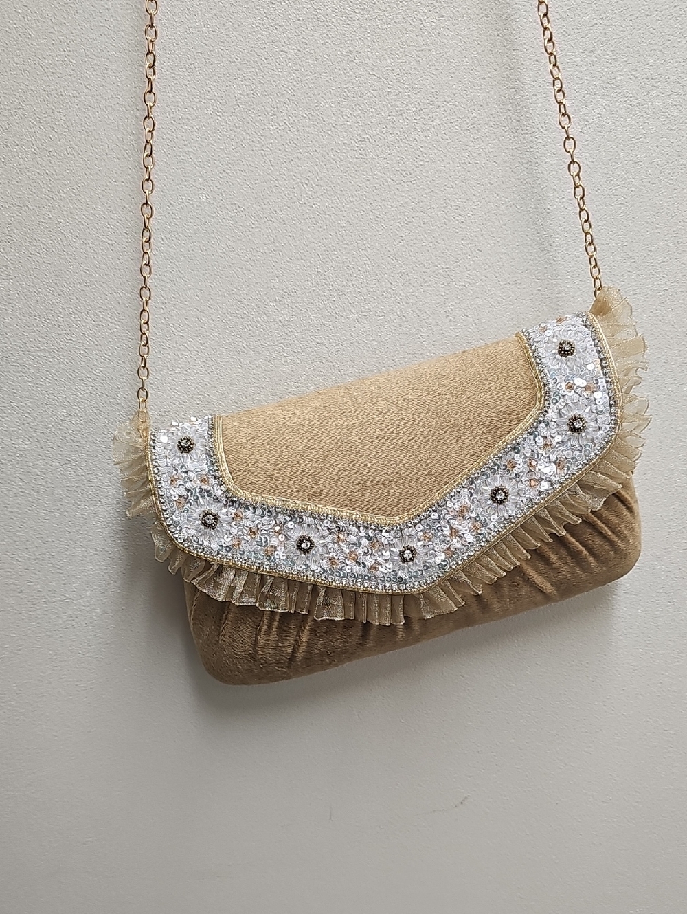 Beaded Ruffle Flap Crossbody Bag in Beige